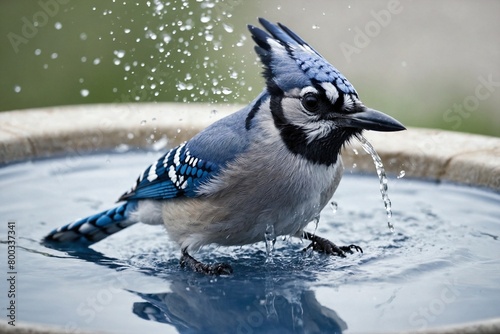 An image of bathing Blue Jay Bird