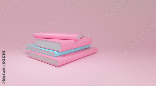 Pastel Pink and Blue Book Stack on Pink Background. Book Day concept.