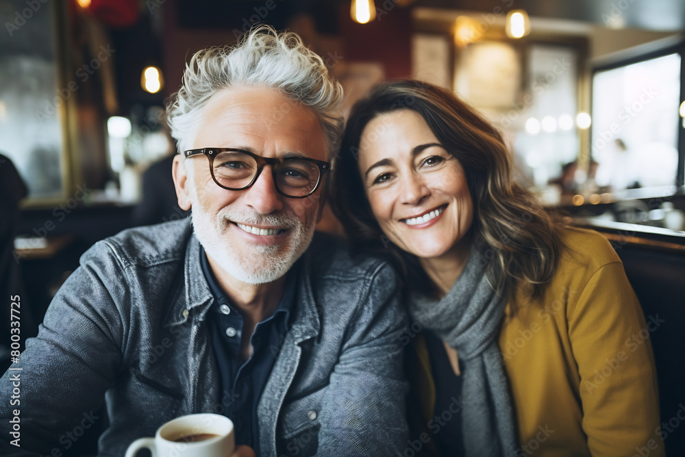 Cheerful middle age couple sitting at a cafe. Man and woman sitting at a restaurant table and smiling