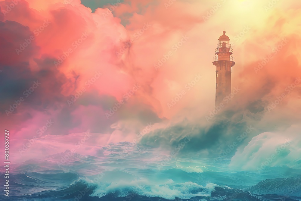 Pastel gradient backdrop with a majestic lighthouse guiding vessels through a tempestuous sea.