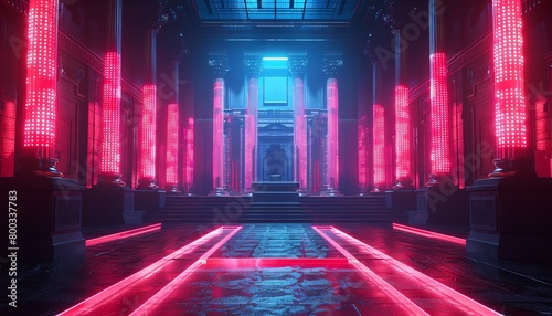 An epic cinematic establishing shot of a grand hall with glowing pink neon lights and a red carpet leading to a raised throne at the end of the hall. photo