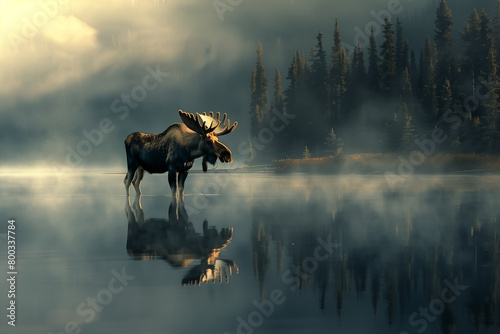 moose standing by a misty lake in the early morning