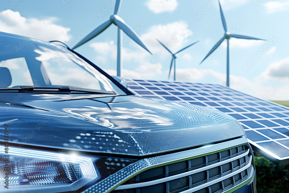 Obraz premium Modern hybrid eco car against the background of wind turbines and solar panels. Alternative ecological energy and fuel concept