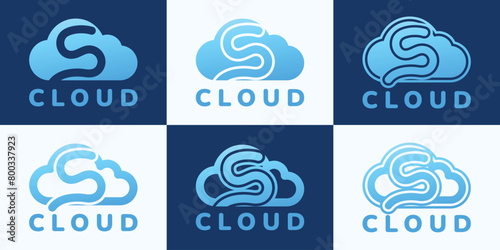 Set of letter S blue cloud logo. This logo combines letters and cloud shapes. Suitable for internet companies, apps, digital storage and the like.