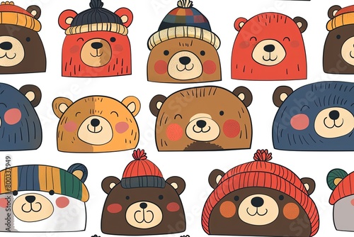 Bear Parade: Adorable Cartoon Bears in Hats,Bear Hats Galore: Playful Cartoon Bear Designs photo