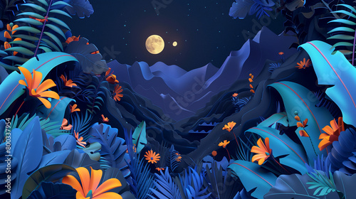 3D vector illustration of a night jungle with orange and blue leaves  flowers  and mountains in the style of different artists.