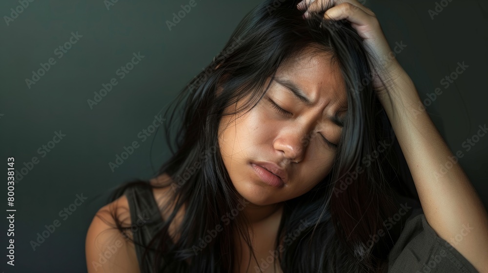 Obraz premium Young black-haired woman, tired and very sleepy expression. generative ai