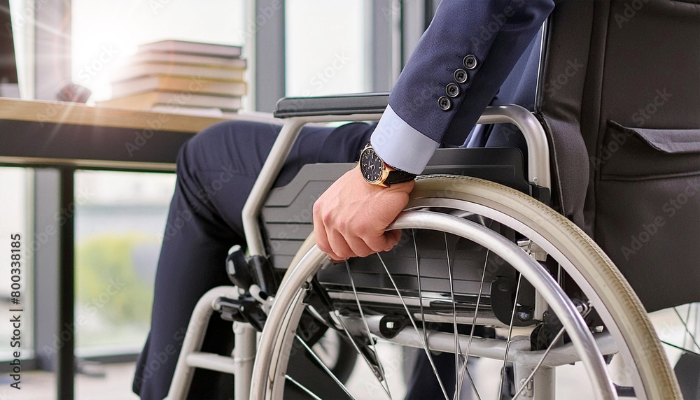 Obraz premium Extreme close-up of a businessman in wheelchair with hand on wheel and office interior on background. Man with disabilities at workplace, concept. Generative Ai. 