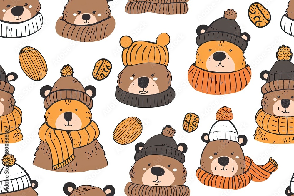 Fototapeta premium Bear Parade: Adorable Cartoon Bears in Hats,Bear Hats Galore: Playful Cartoon Bear Designs