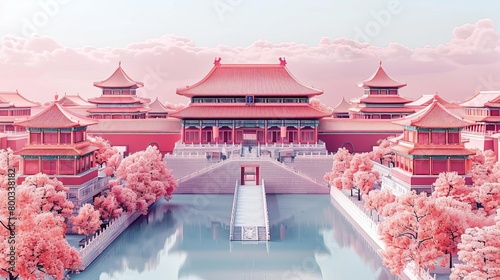 A beautiful pink Chinese palace with cherry blossom trees and a lake. photo
