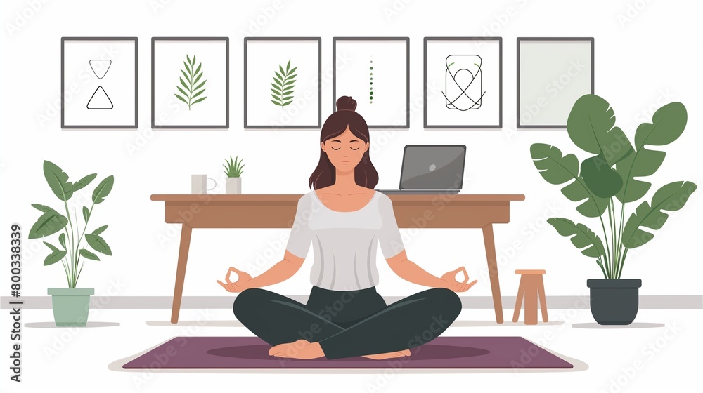 A woman meditating on a rug in a modern workspace with plants and decorative art on the walls, promoting relaxation and mindfulness. A woman meditating on a rug in a modern workspace with plants and decorative art on the walls, promoting relaxation and mindfulness.