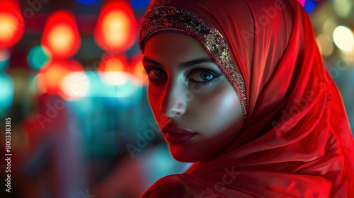 portrait of a beautiful muslim woman wearing hijab at night with bokeh lights in the background