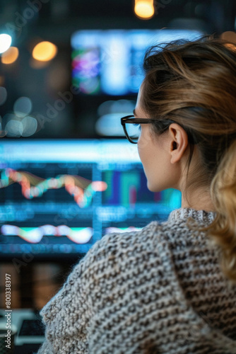 Stock trading investor, financial advisor or analyst working analysing crypto exchange market charts using computer investing money in finances market analyzing data on screen, over shoulder.