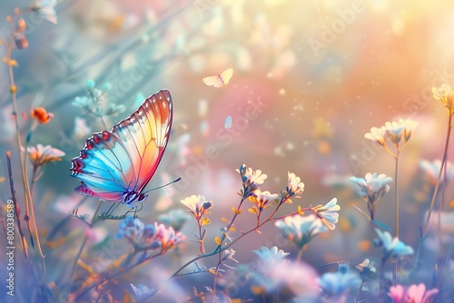 Pastel gradient background featuring a vibrantly colored butterfly fluttering amongst a field of wildflowers. photo