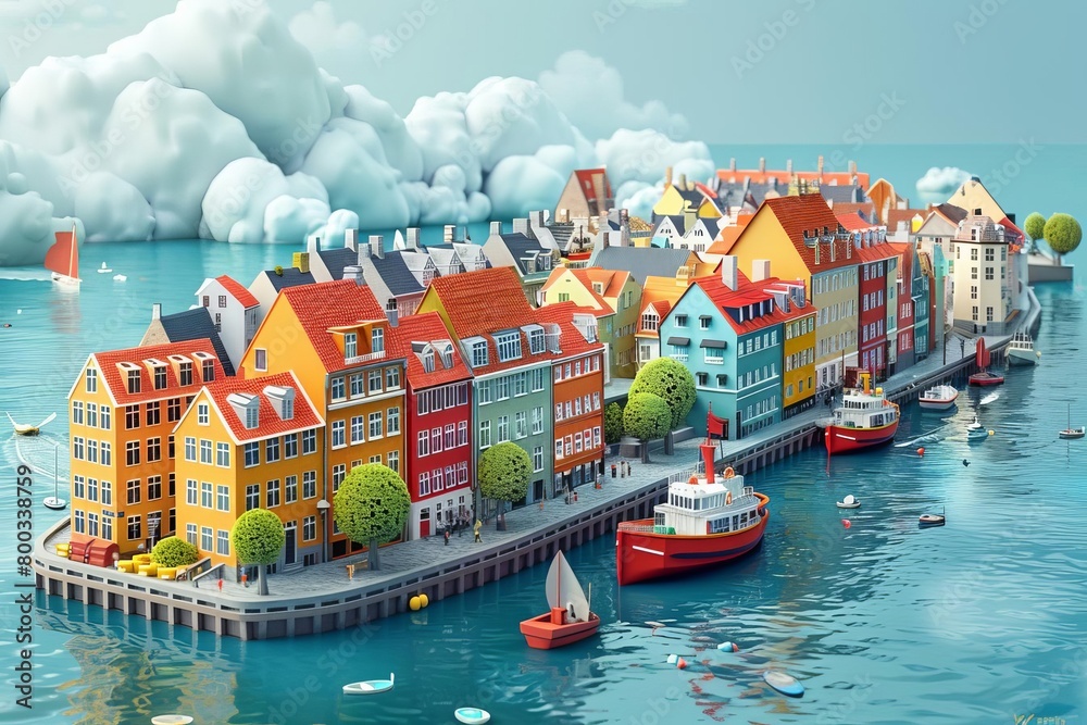 A beautiful illustration of a colorful town by the water