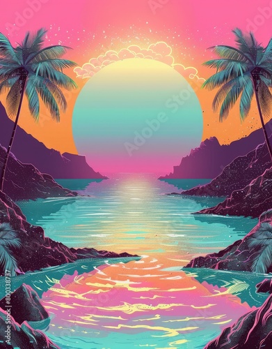  illustration of an ocean with palm trees and mountains in the background  there is an infinity pool leading to crystal clear water.