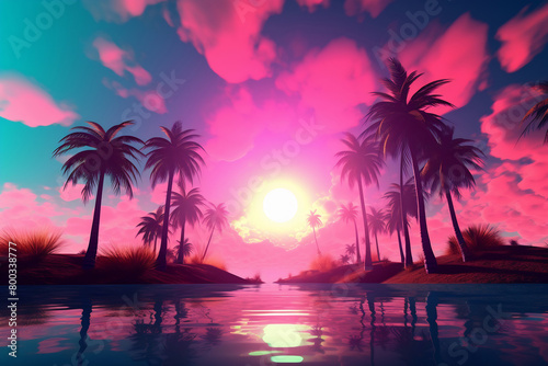 A painting of a sunset with palm trees © Canvas Alchemy
