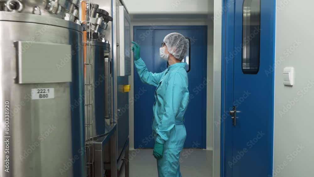A Female Operator Enters The Production Room With medical Industrial Equipment And Comes To Control Panel. Tapping The Display And Maintaining The Working Process. Production Line. Manufacturing Plant A Female Operator Enters The Production Room With medical Industrial Equipment And Comes To Control Panel. Tapping The Display And Maintaining The Working Process. Production Line. Manufacturing Plant