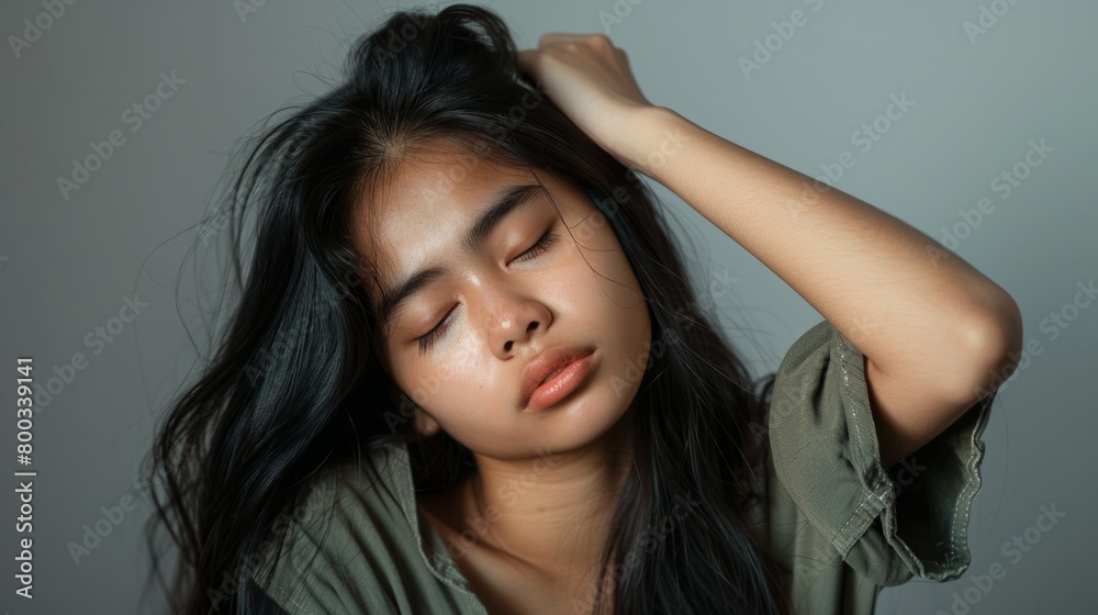 Young black-haired woman, tired and very sleepy expression. generative ai Young black-haired woman, tired and very sleepy expression. generative ai