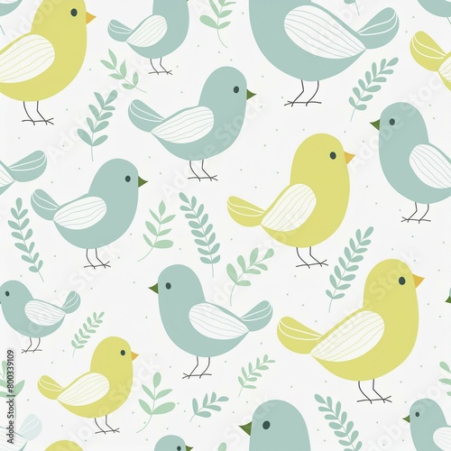 小鳥と植物のパターン素材