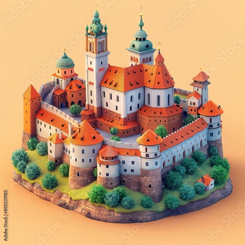 Isometric 3D model of a medieval castle, with a central courtyard, towers, and crenellated walls. photo