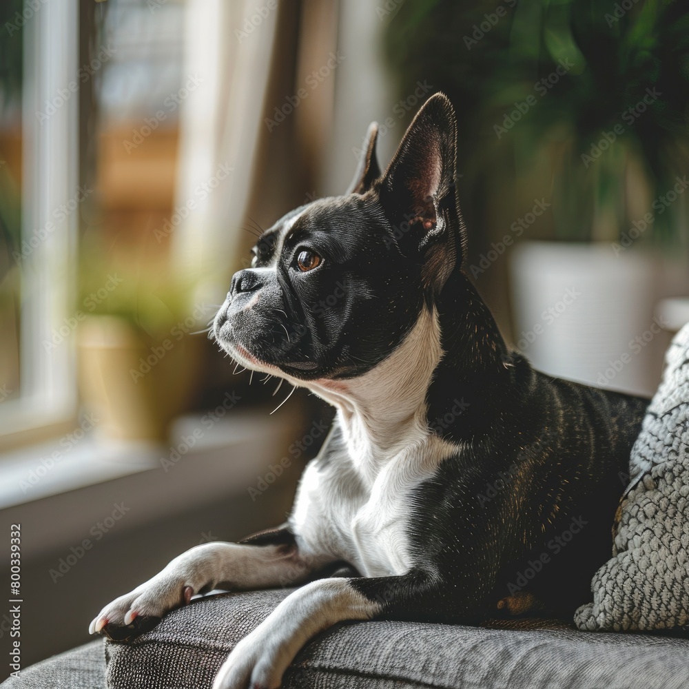 A cute Boston Terrier dog lying on an armchair, looking at the camera, with a modern living room background