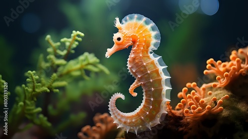 An orange pygmy seahorse clings to a coral reef in the ocean