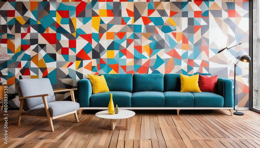 Fototapeta premium Interior of living room with sofa, lamp and colorful wall painting