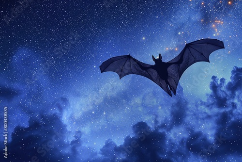 A bat cloud flying in the night sky on a midnight blue background
