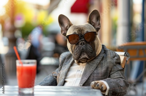A French Bulldog dressed in stylish business attire, wearing sunglasses and sitting at an outdoor cafe table with red juice glass on the side © Moinul