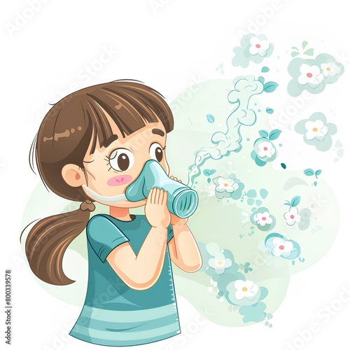 World asthma day , illustration with a girl in protective mask on white background. Air pollution with gases and allergies. AI
