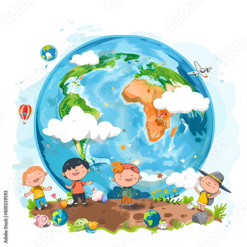 The Earth on white background   color  cartoon illustration . Ecology and environment . AI