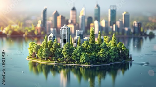 A small city on an island in the middle of a lake. The sun is rising over the city. The water is calm and still. The trees are green and lush. The buildings are tall and modern.