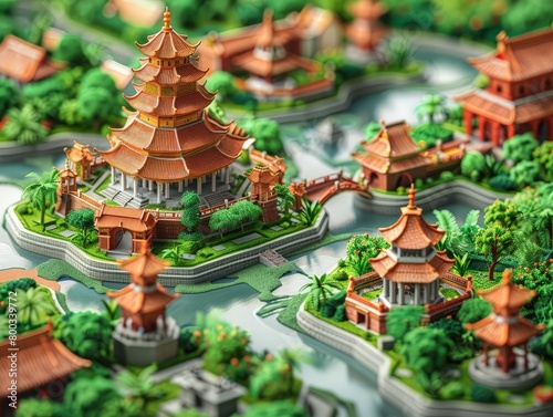 A beautiful isometric city. The city is made up of traditional Chinese buildings and is surrounded by a river. The city is very detailed and looks very realistic. photo
