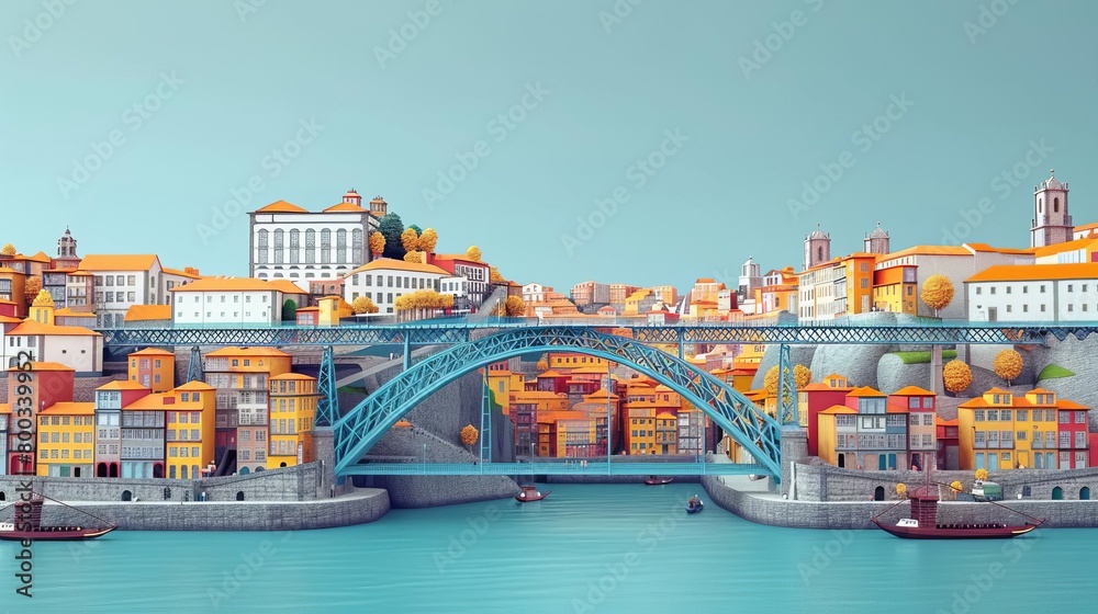 Fototapeta premium A beautiful low poly of Porto, Portugal. The city is full of vibrant colors and the Douro River flows through the middle. The iconic Dom Luis I Bridge is in the foreground.