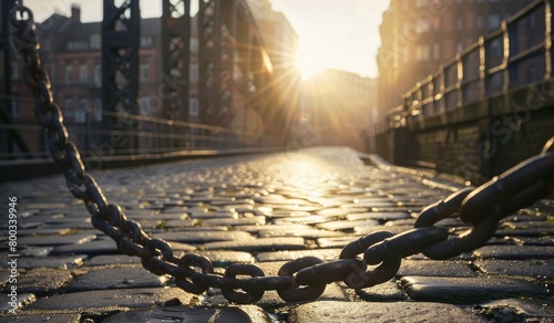 a metal chain and post in the foreground