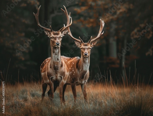  two deer in the forest, one male and one female with antlers on their heads with a grassy field background,