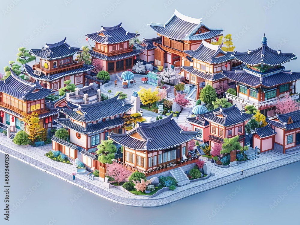 Create an isometric illustration of a traditional Korean village