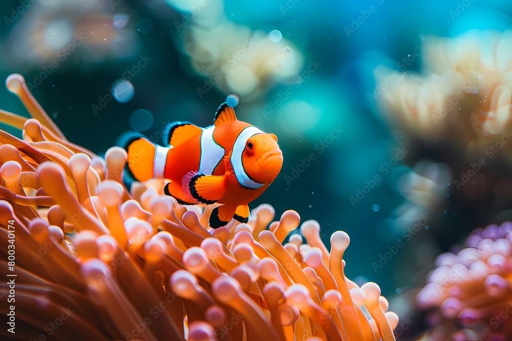 A clown fish swimming around anemones in the ocean, macro photography. Ai generated A clown fish swimming around anemones in the ocean, macro photography. Ai generated