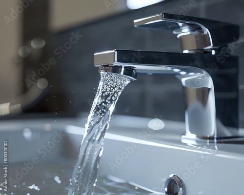 Clean tap water flowing from a modern faucet  close-up  clean background  