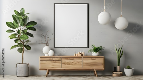 living room interior with wooden sideboard and mock up frame 3D rendering, Poster with sideboard near the wooden wall and the living room interior in beige. Four light devices. Ai generated  photo