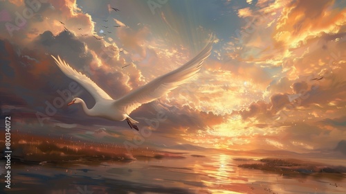 seagull flying over the sunset