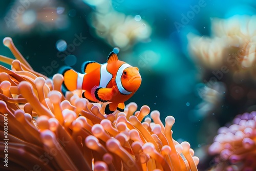A clown fish swimming around anemones in the ocean, macro photography. Ai generated