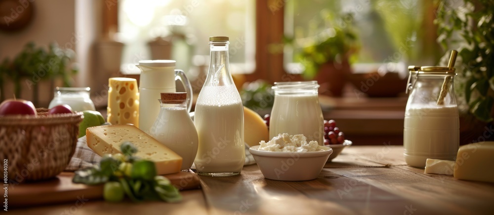 Milk products on a table. Generative AI Milk products on a table. Generative AI