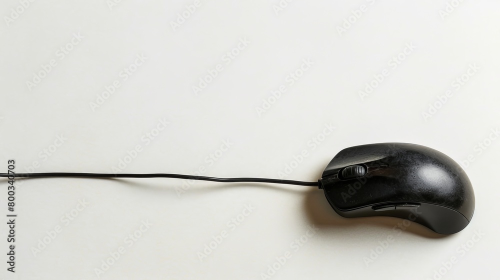 A tight shot of a mouse atop a pristine white table, its cord threading through its center A tight shot of a mouse atop a pristine white table, its cord threading through its center