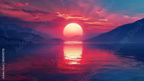 Craft an image depicting a serene sunset blending into dusk