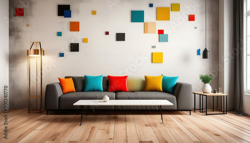 Interior of living room with sofa  lamp and colorful wall painting