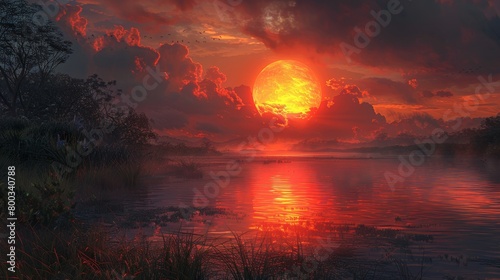 Craft an image depicting a serene sunset merging into dusk © Supasin