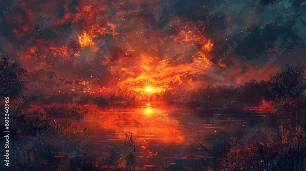 Craft an image depicting a serene sunset merging into dusk