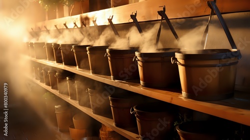 Shelf after shelf of wooden buckets steaming in the warm sunligh photo